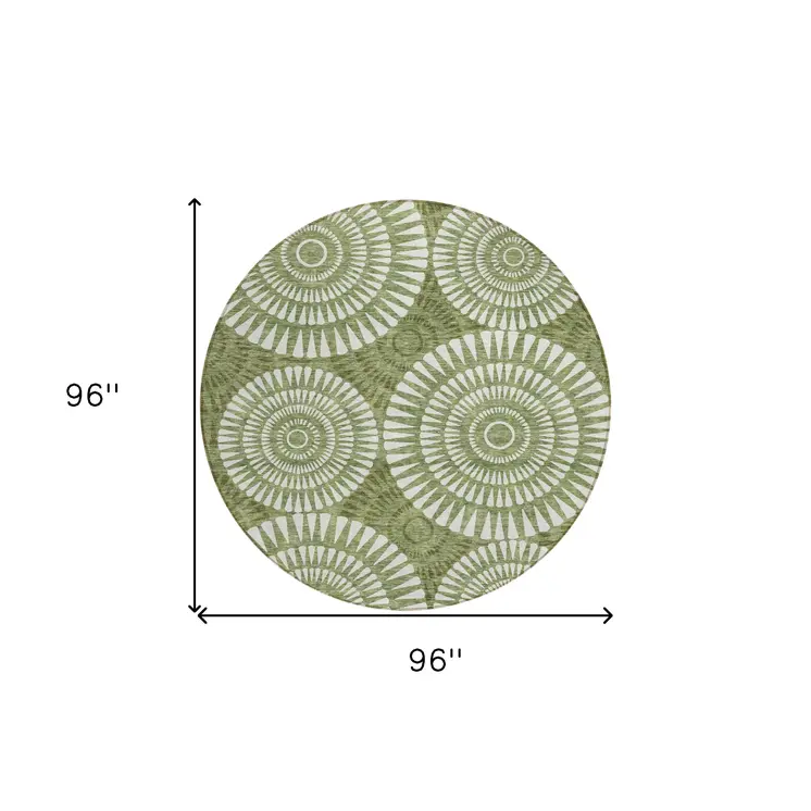 8' Green And Ivory Round Geometric Washable Indoor Outdoor Area Rug