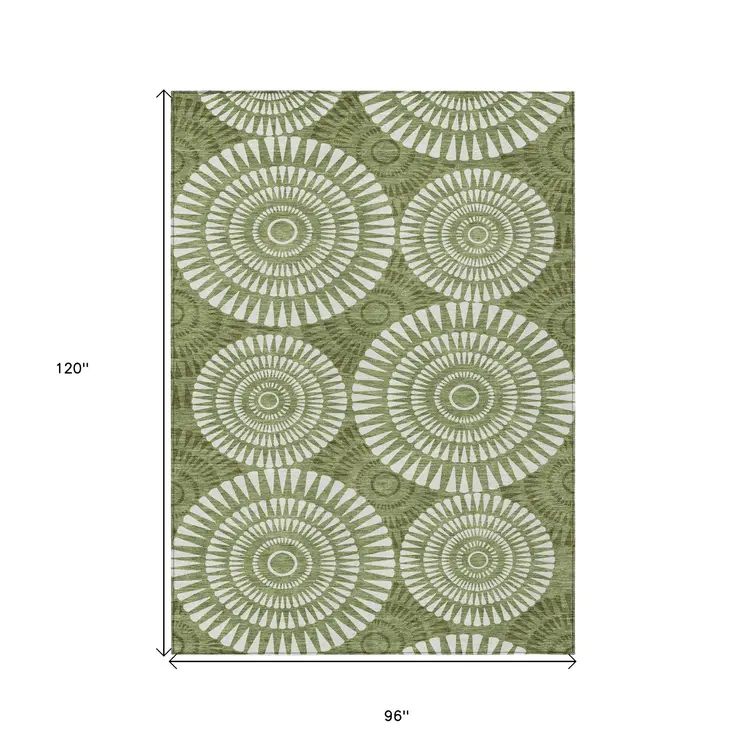 8' X 10' Green And Ivory Geometric Washable Indoor Outdoor Area Rug