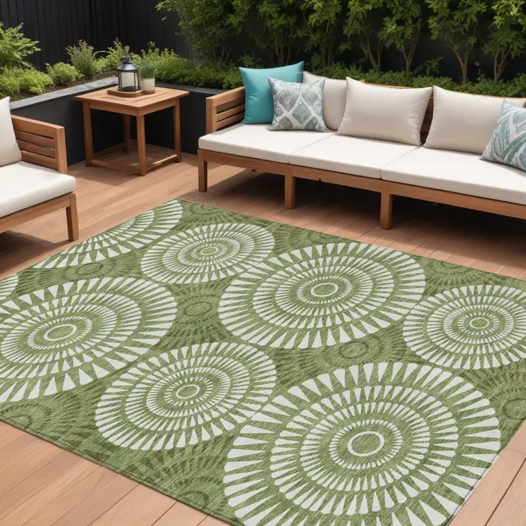9' X 12' Green And Ivory Geometric Washable Indoor Outdoor Area Rug