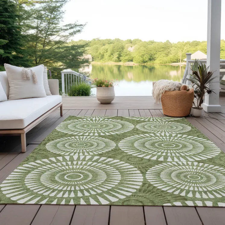 9' X 12' Green And Ivory Geometric Washable Indoor Outdoor Area Rug