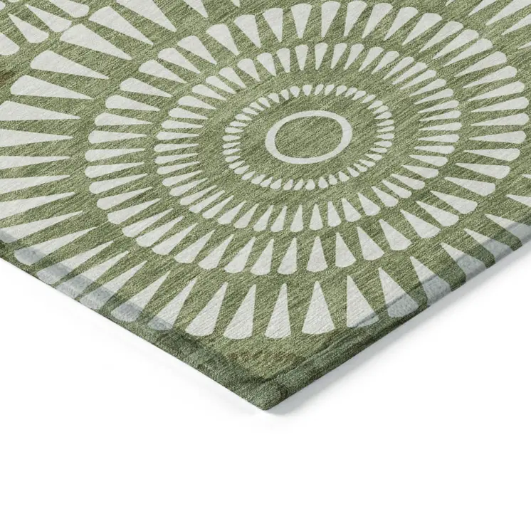 9' X 12' Green And Ivory Geometric Washable Indoor Outdoor Area Rug