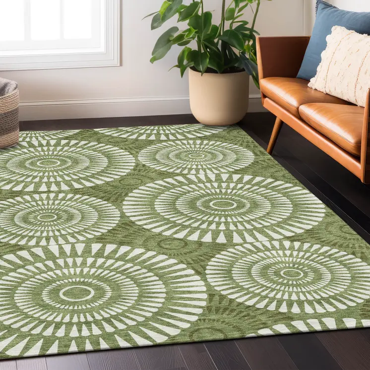 9' X 12' Green And Ivory Geometric Washable Indoor Outdoor Area Rug
