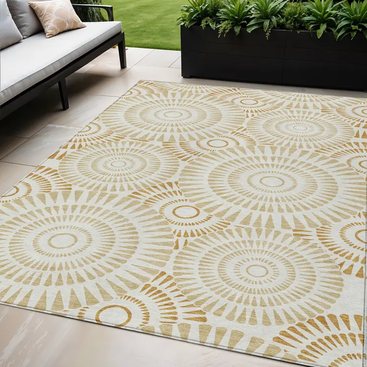 5' X 8' Gold Brown And Ivory Geometric Washable Indoor Outdoor Area Rug