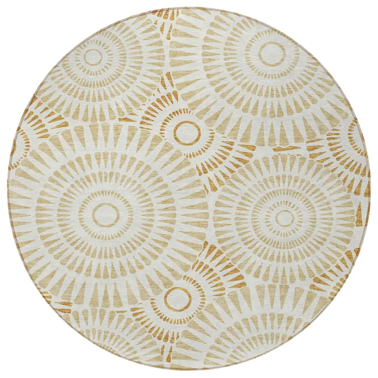 8' Gold Brown And Ivory Round Geometric Washable Indoor Outdoor Area Rug