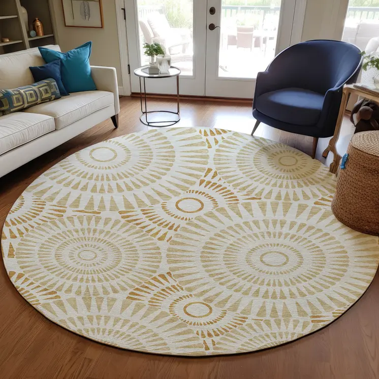 8' Gold Brown And Ivory Round Geometric Washable Indoor Outdoor Area Rug