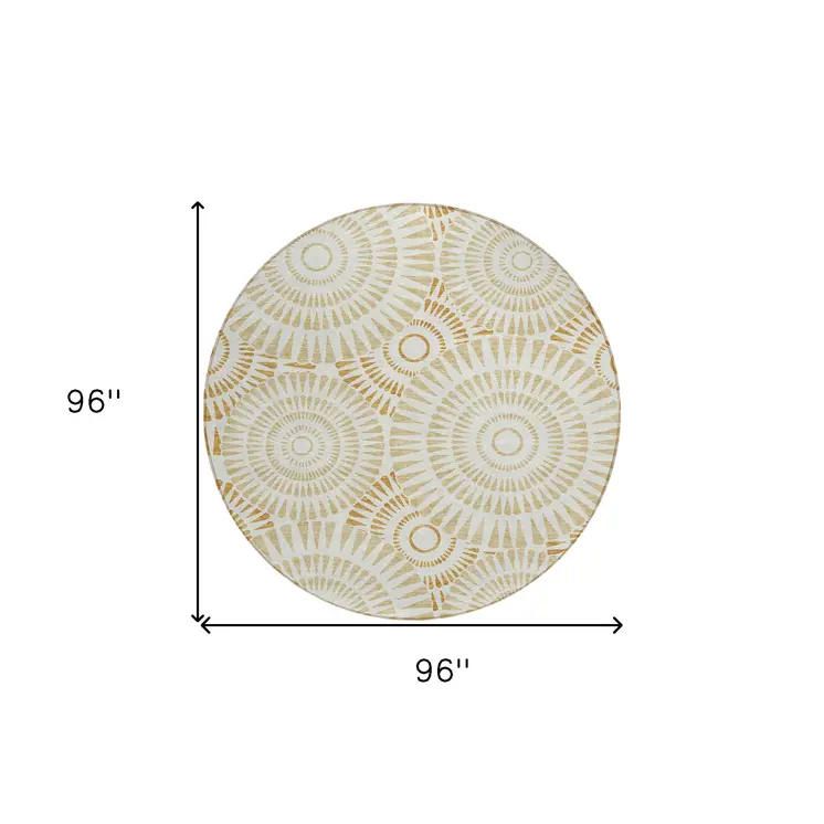 8' Gold Brown And Ivory Round Geometric Washable Indoor Outdoor Area Rug