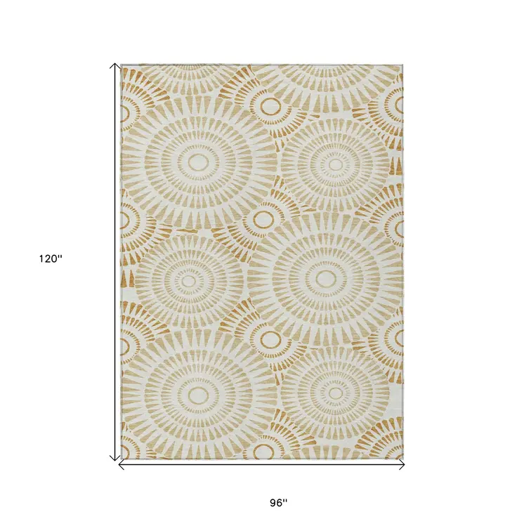 8' X 10' Gold Brown And Ivory Geometric Washable Indoor Outdoor Area Rug