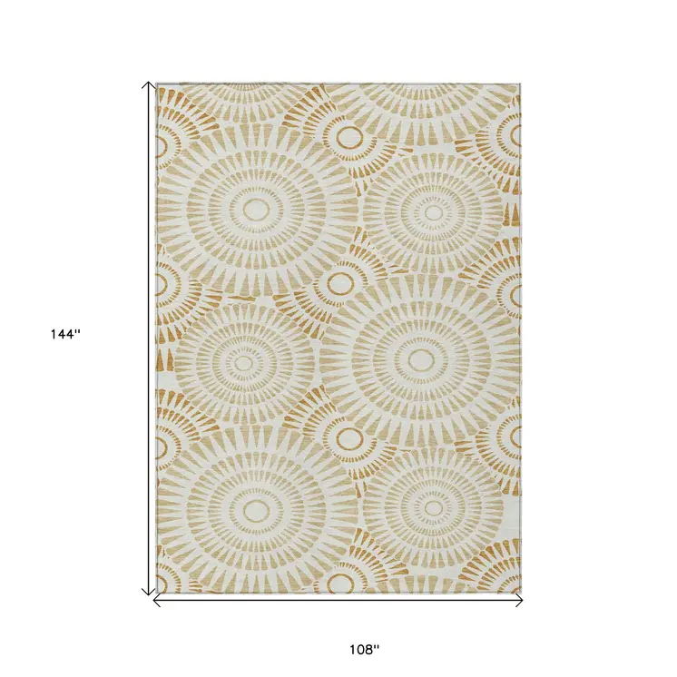 9' X 12' Gold Brown And Ivory Geometric Washable Indoor Outdoor Area Rug