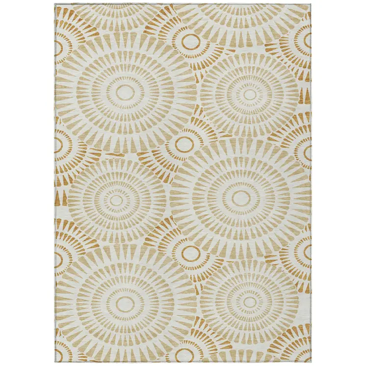 9' X 12' Gold Brown And Ivory Geometric Washable Indoor Outdoor Area Rug