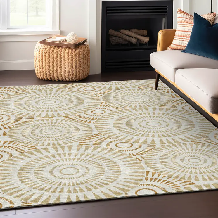 9' X 12' Gold Brown And Ivory Geometric Washable Indoor Outdoor Area Rug