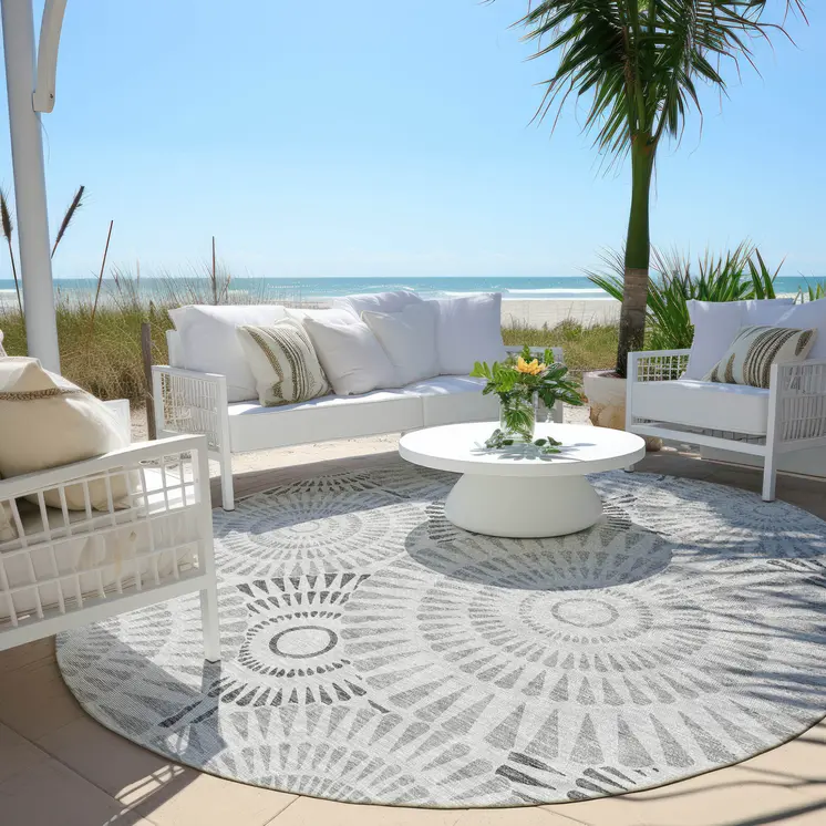 8' Gray And Dark Gray Round Geometric Washable Indoor Outdoor Area Rug