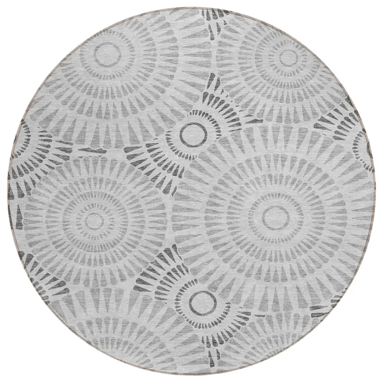 8' Gray And Dark Gray Round Geometric Washable Indoor Outdoor Area Rug