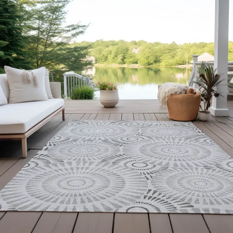 10' X 14' Gray And Dark Gray Geometric Washable Indoor Outdoor Area Rug