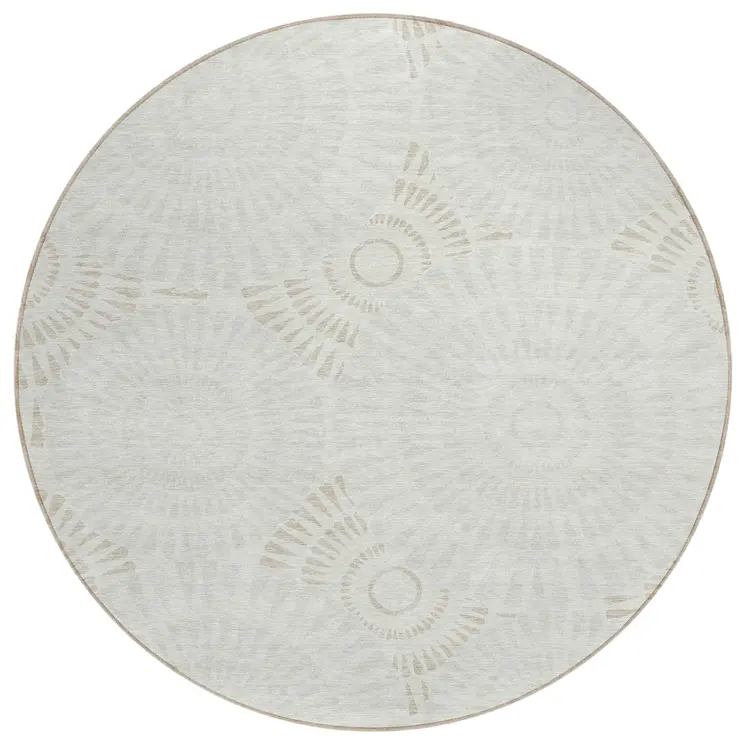 8' Ivory And Gray Round Geometric Washable Indoor Outdoor Area Rug