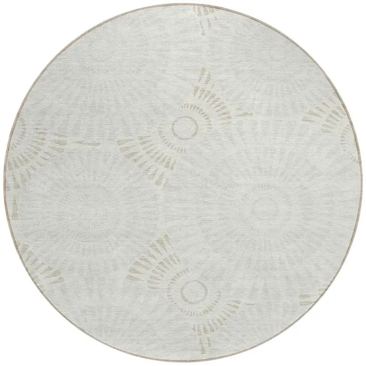 8' Ivory And Gray Round Geometric Washable Indoor Outdoor Area Rug