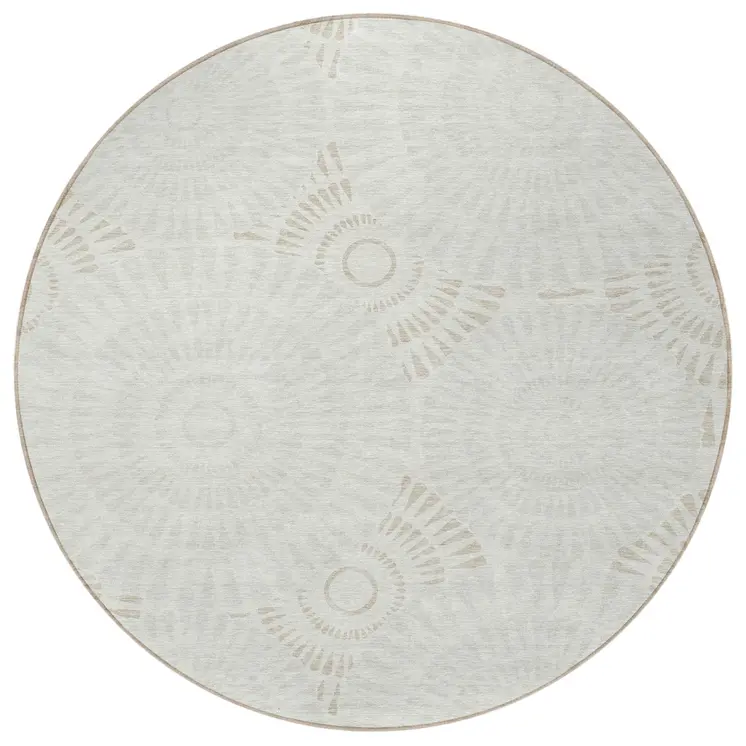 8' Ivory And Gray Round Geometric Washable Indoor Outdoor Area Rug