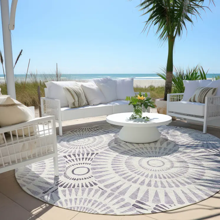 8' Lavender And Ivory Round Geometric Washable Indoor Outdoor Area Rug