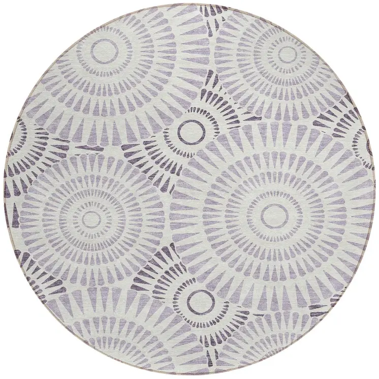 8' Lavender And Ivory Round Geometric Washable Indoor Outdoor Area Rug