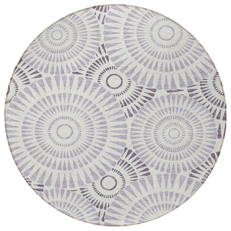8' Lavender And Ivory Round Geometric Washable Indoor Outdoor Area Rug