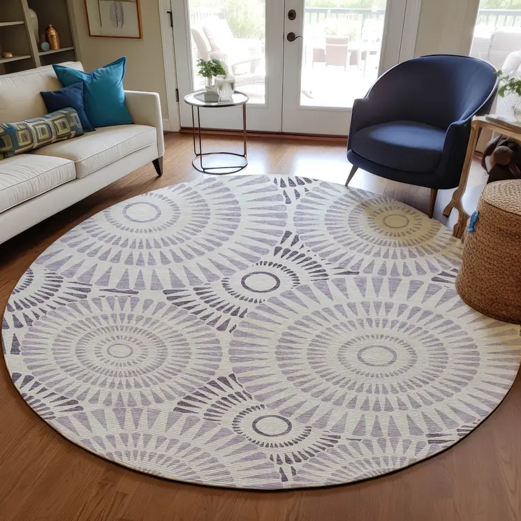 8' Lavender And Ivory Round Geometric Washable Indoor Outdoor Area Rug