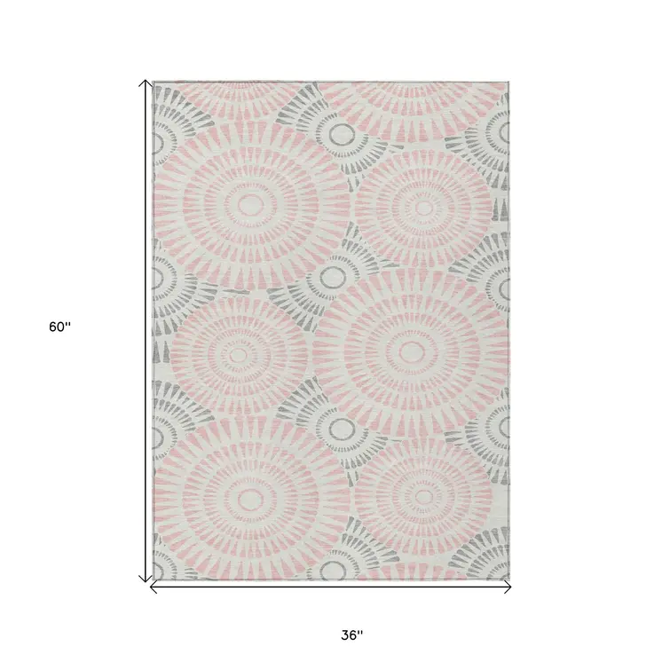 3' X 5' Pink Gray And Ivory Geometric Washable Indoor Outdoor Area Rug