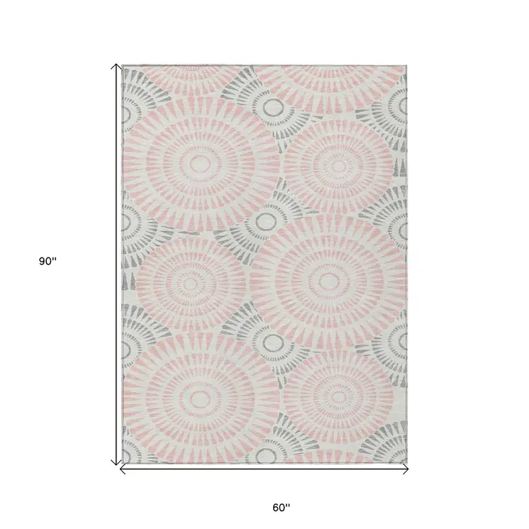 5' X 8' Pink Gray And Ivory Geometric Washable Indoor Outdoor Area Rug