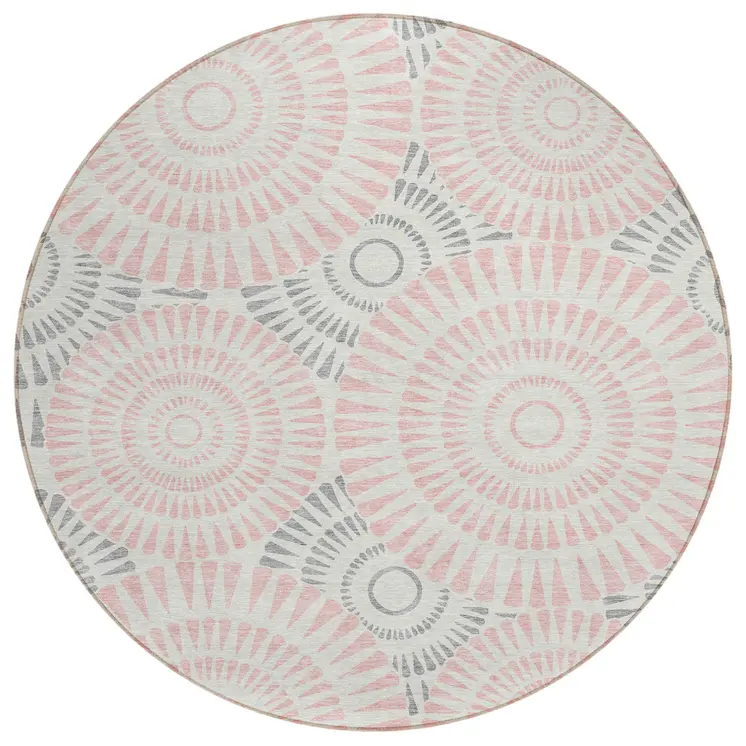 8' Pink Gray And Ivory Round Geometric Washable Indoor Outdoor Area Rug