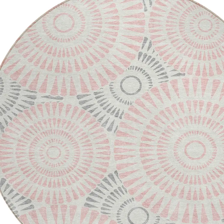 8' Pink Gray And Ivory Round Geometric Washable Indoor Outdoor Area Rug