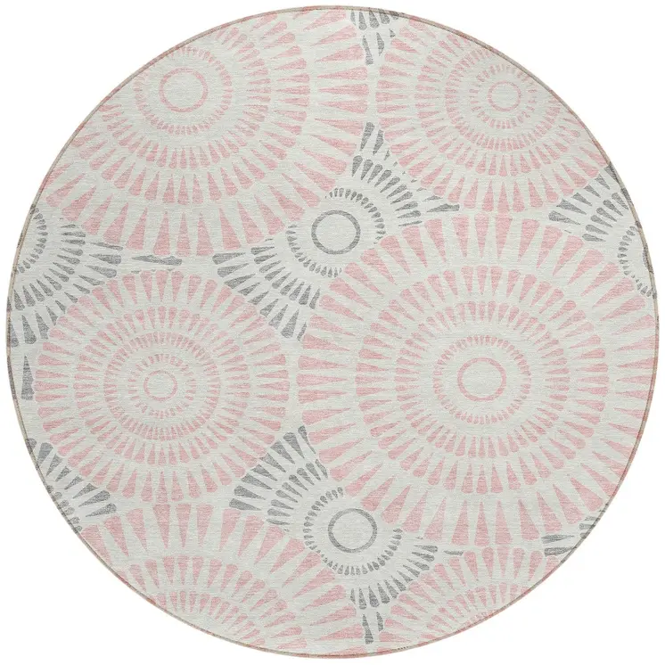 8' Pink Gray And Ivory Round Geometric Washable Indoor Outdoor Area Rug