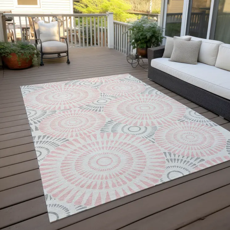 8' X 10' Pink Gray And Ivory Geometric Washable Indoor Outdoor Area Rug