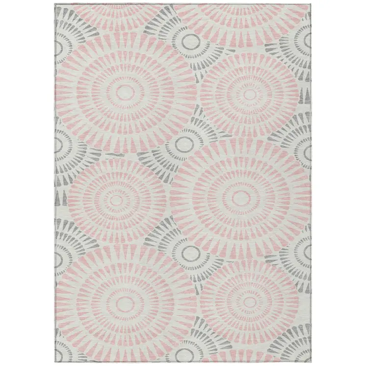 8' X 10' Pink Gray And Ivory Geometric Washable Indoor Outdoor Area Rug