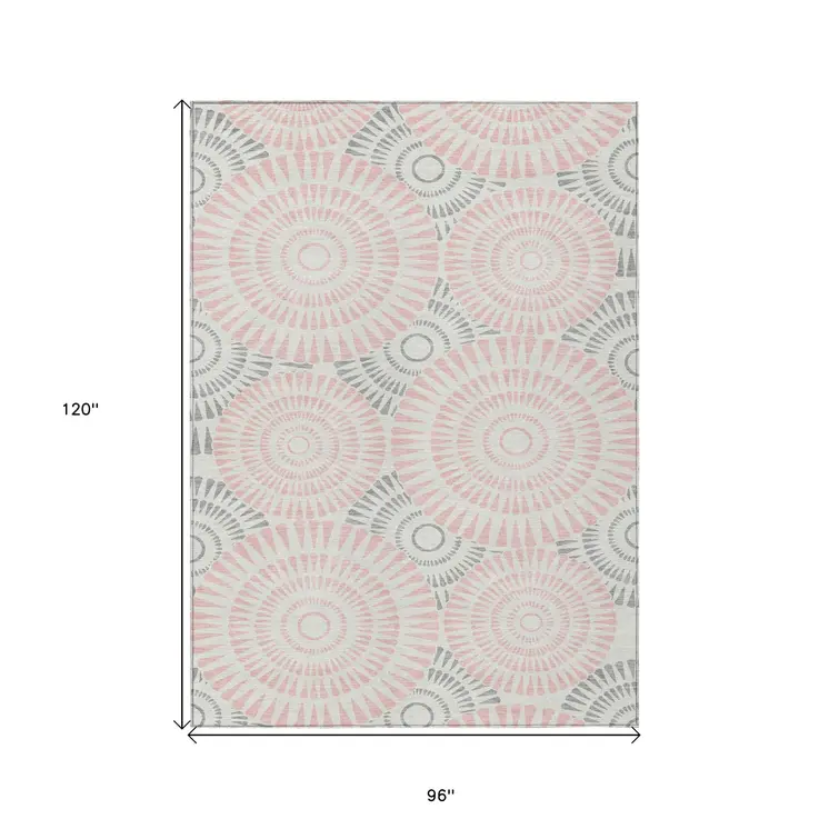 8' X 10' Pink Gray And Ivory Geometric Washable Indoor Outdoor Area Rug