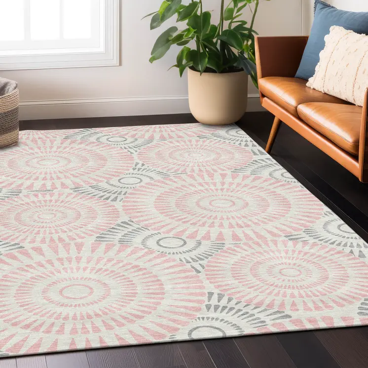 8' X 10' Pink Gray And Ivory Geometric Washable Indoor Outdoor Area Rug