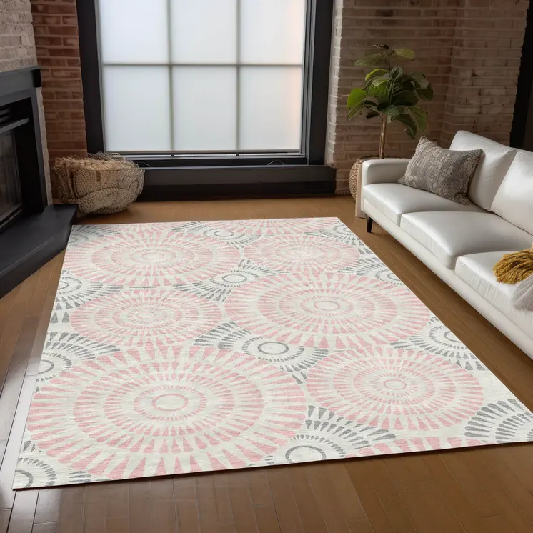 8' X 10' Pink Gray And Ivory Geometric Washable Indoor Outdoor Area Rug