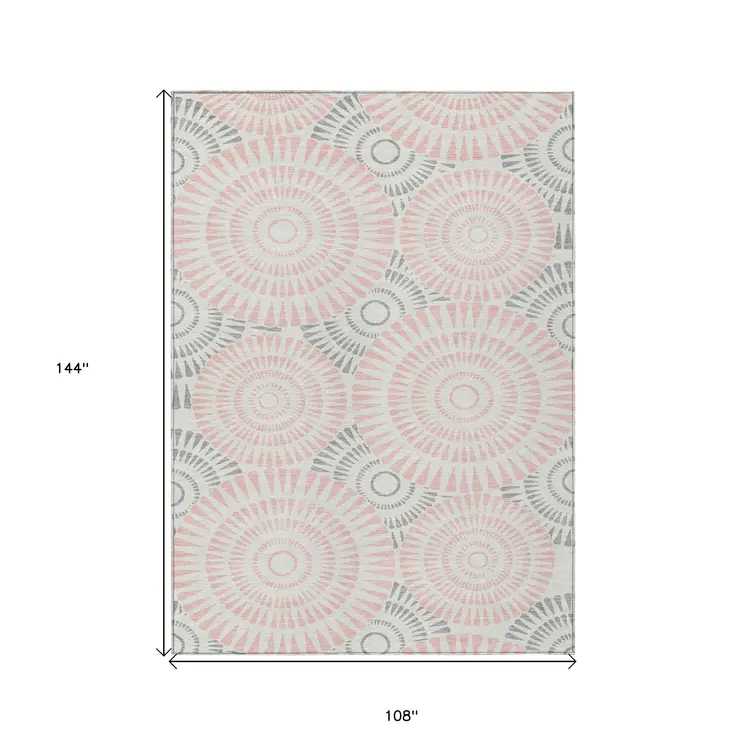9' X 12' Pink Gray And Ivory Geometric Washable Indoor Outdoor Area Rug