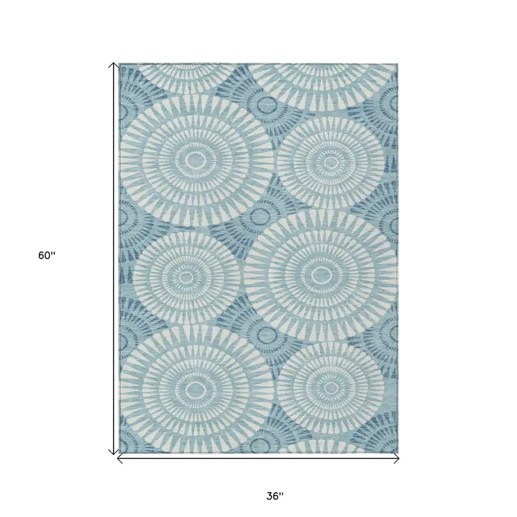 3' X 5' Teal Blue And Ivory Geometric Washable Indoor Outdoor Area Rug