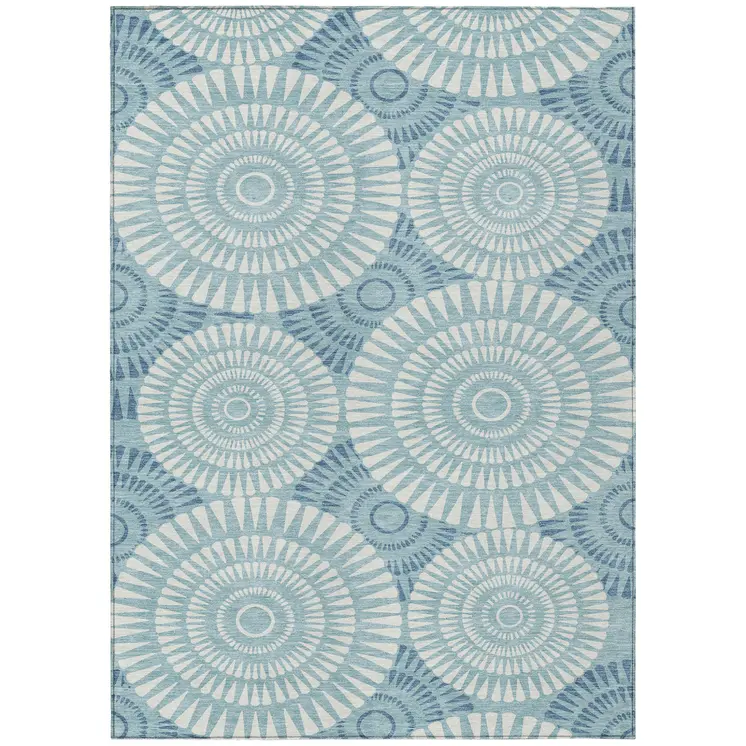 3' X 5' Teal Blue And Ivory Geometric Washable Indoor Outdoor Area Rug