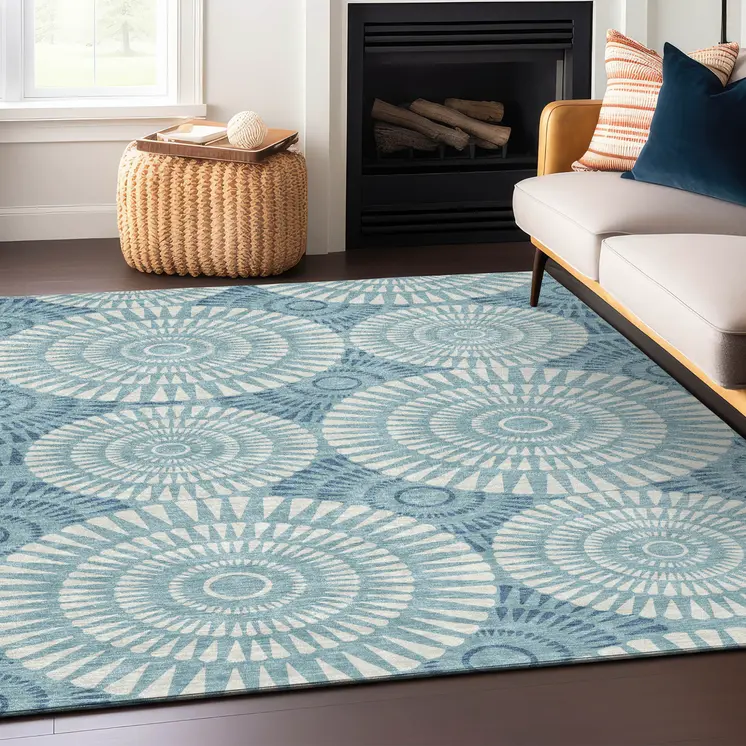 3' X 5' Teal Blue And Ivory Geometric Washable Indoor Outdoor Area Rug