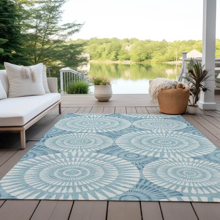 5' X 8' Teal Blue And Ivory Geometric Washable Indoor Outdoor Area Rug