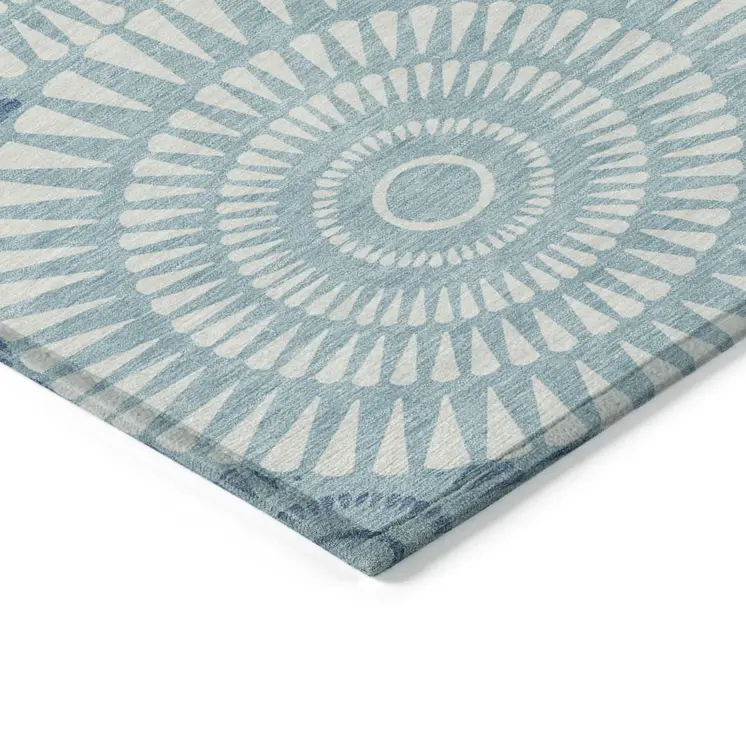 8' X 10' Teal Blue And Ivory Geometric Washable Indoor Outdoor Area Rug