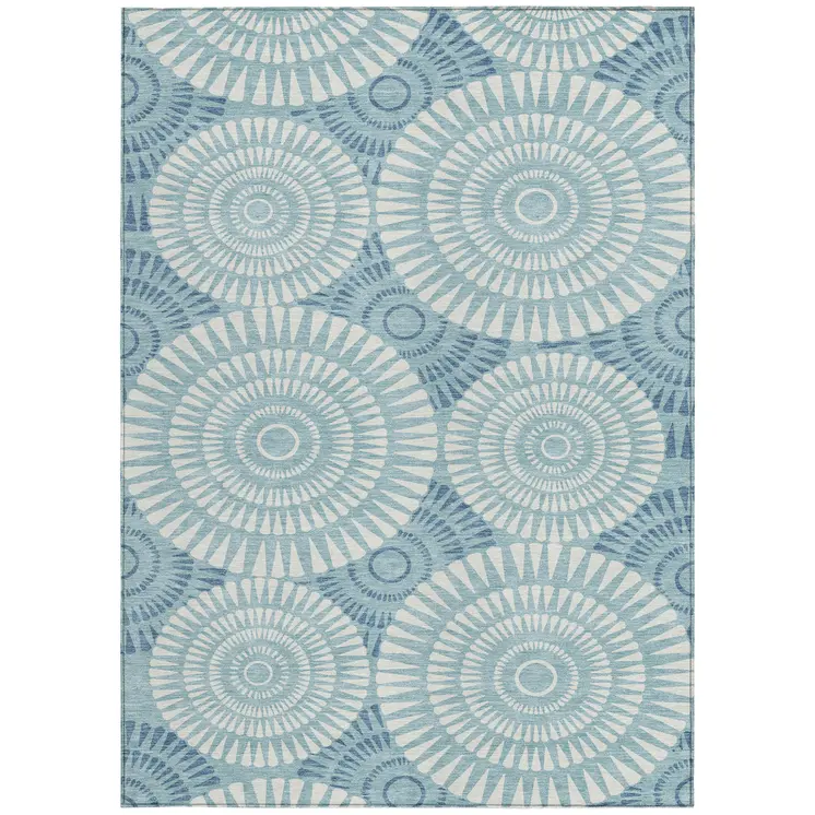 9' X 12' Teal Blue And Ivory Geometric Washable Indoor Outdoor Area Rug