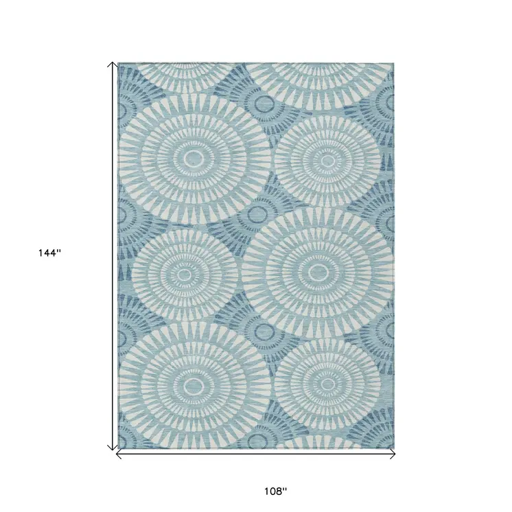 9' X 12' Teal Blue And Ivory Geometric Washable Indoor Outdoor Area Rug