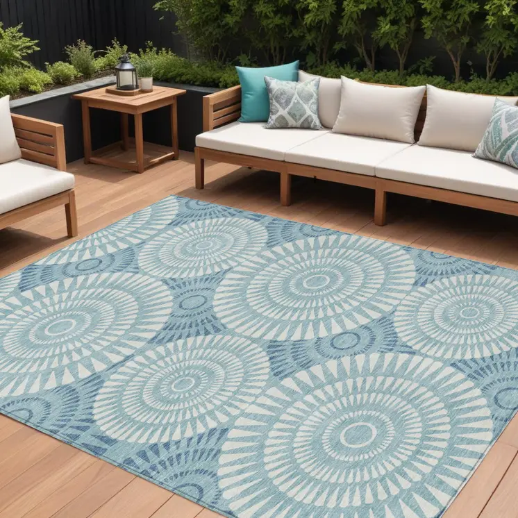 9' X 12' Teal Blue And Ivory Geometric Washable Indoor Outdoor Area Rug