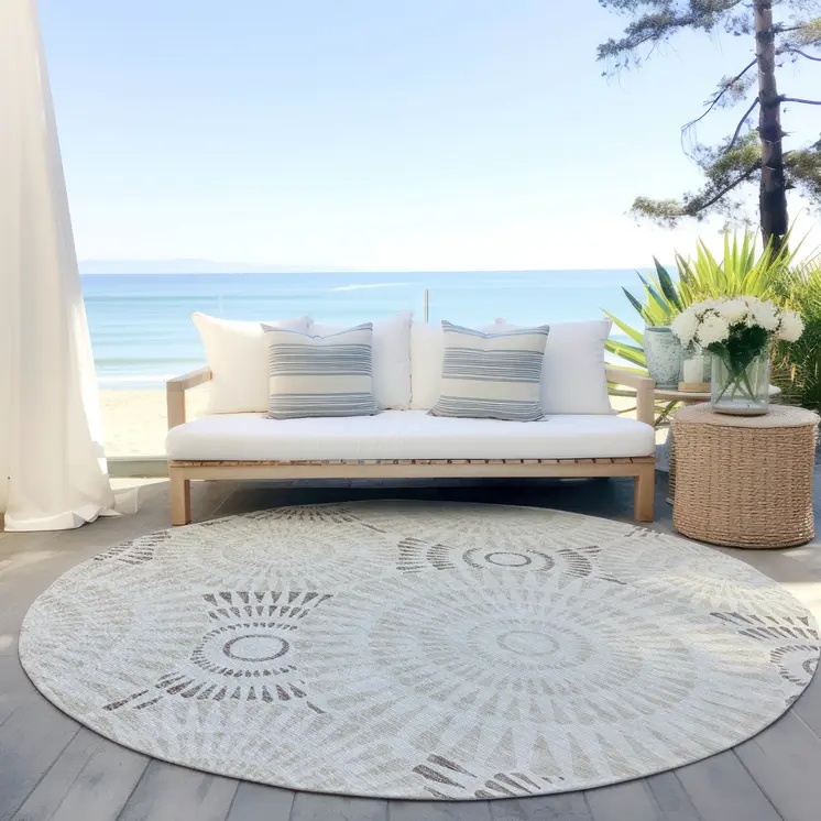 8' Taupe And Brown Round Geometric Washable Indoor Outdoor Area Rug