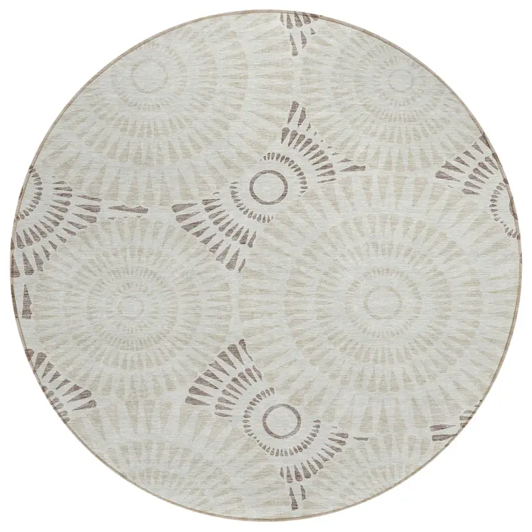 8' Taupe And Brown Round Geometric Washable Indoor Outdoor Area Rug