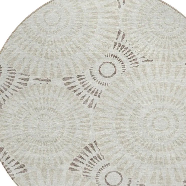 8' Taupe And Brown Round Geometric Washable Indoor Outdoor Area Rug