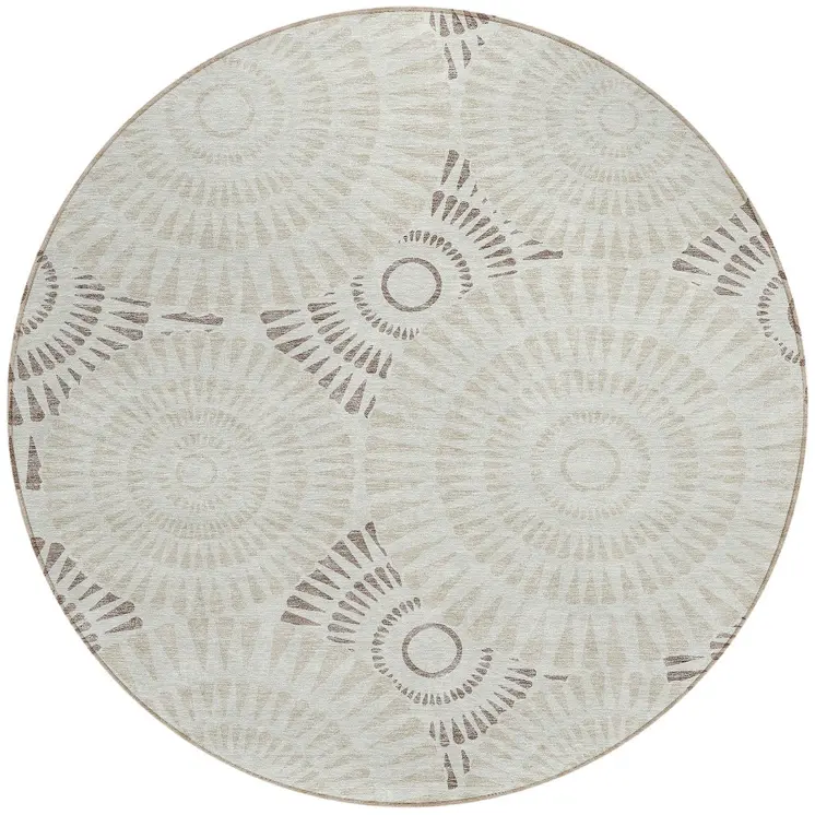 8' Taupe And Brown Round Geometric Washable Indoor Outdoor Area Rug