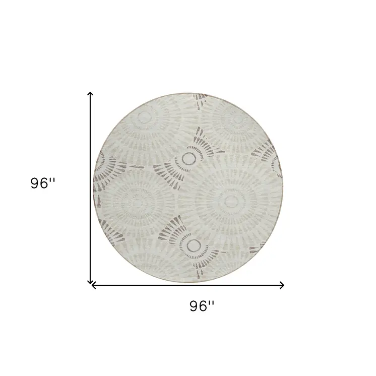 8' Taupe And Brown Round Geometric Washable Indoor Outdoor Area Rug