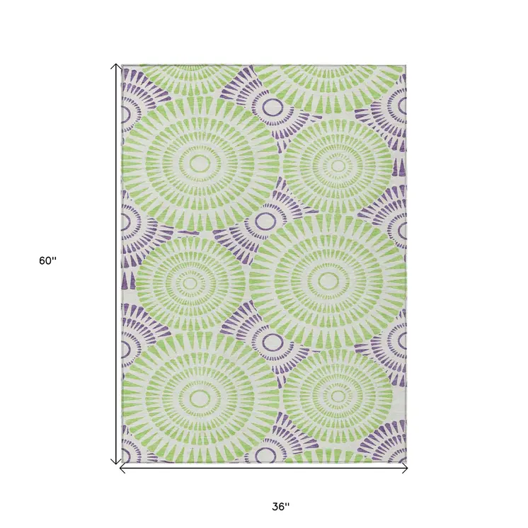 3' X 5' Green And Purple Geometric Washable Indoor Outdoor Area Rug