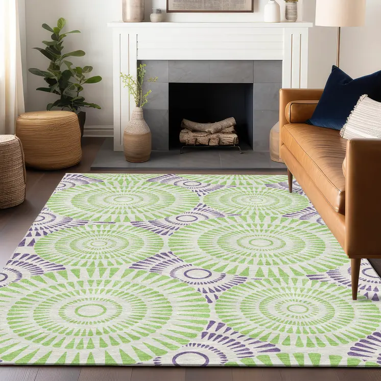 3' X 5' Green And Purple Geometric Washable Indoor Outdoor Area Rug